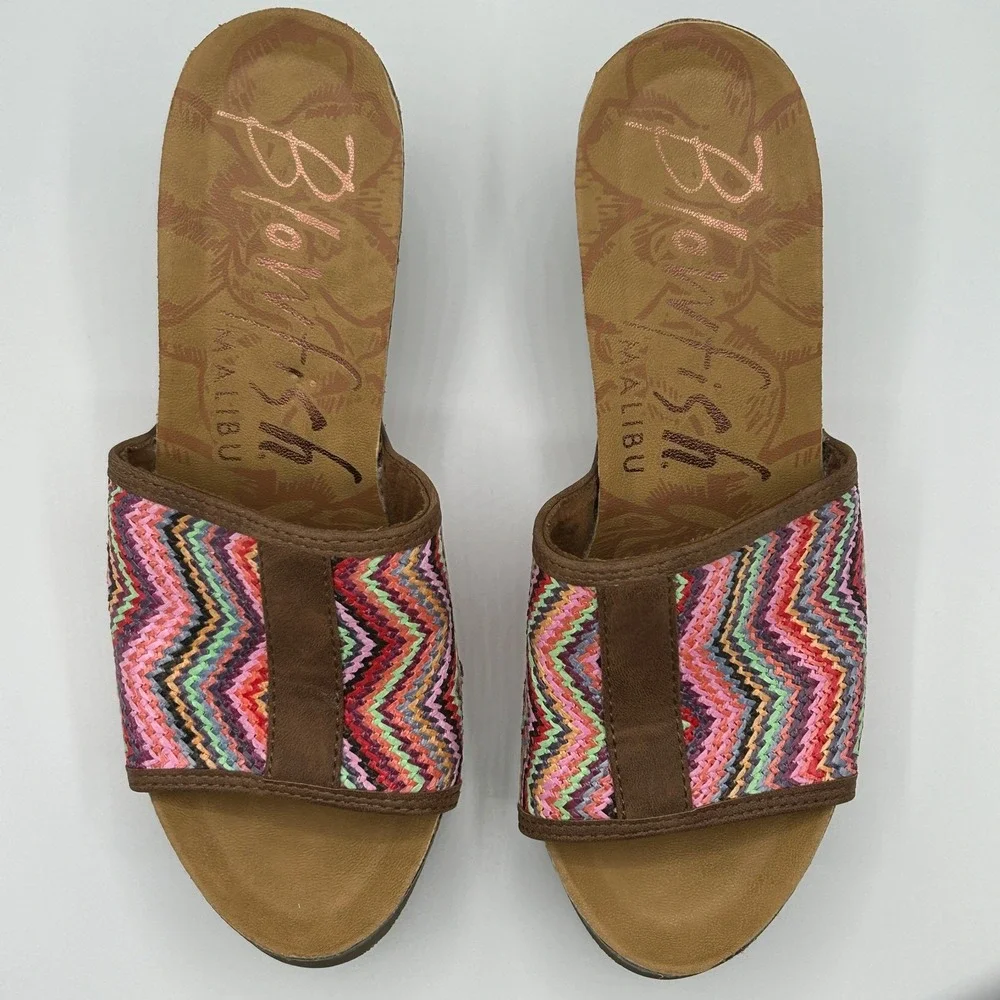 Blowfish Malibu B138 Multi Chevron Woven Cork Wedge Slide Sandals 8.5 Boho Retro